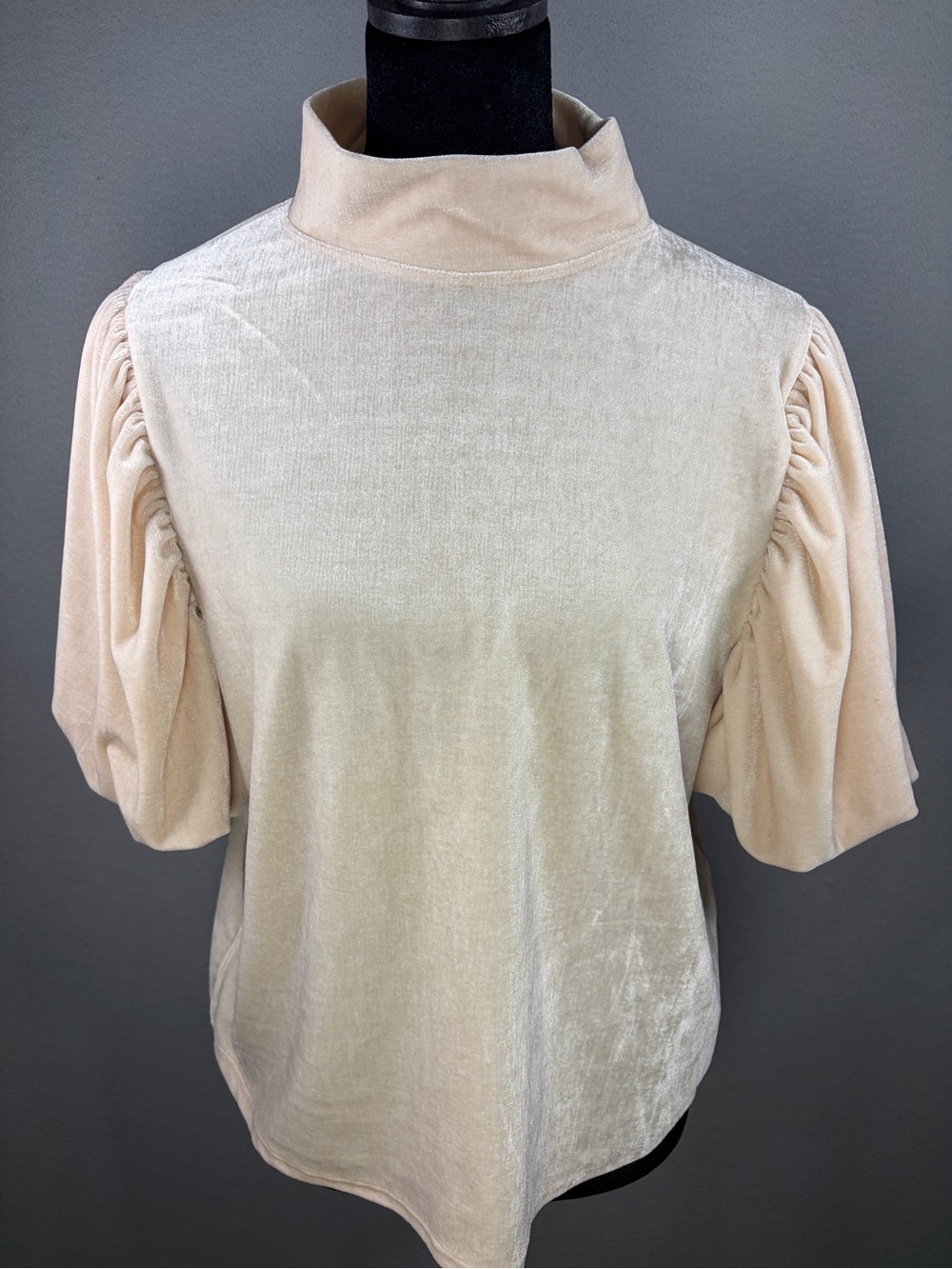 Free People Cream Velvet Mock Neck Puff Sleeve Tee